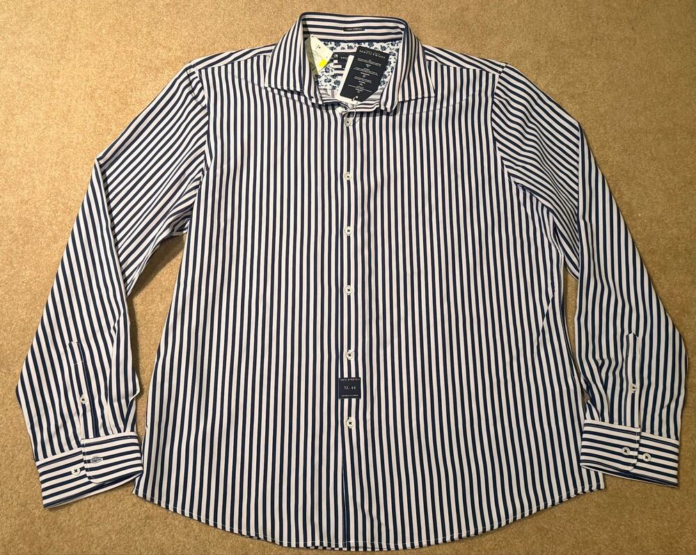 Denim & Flower Ricky Singh Blue White Stripe Tech Stretch Dress Shirt NWT XL 44